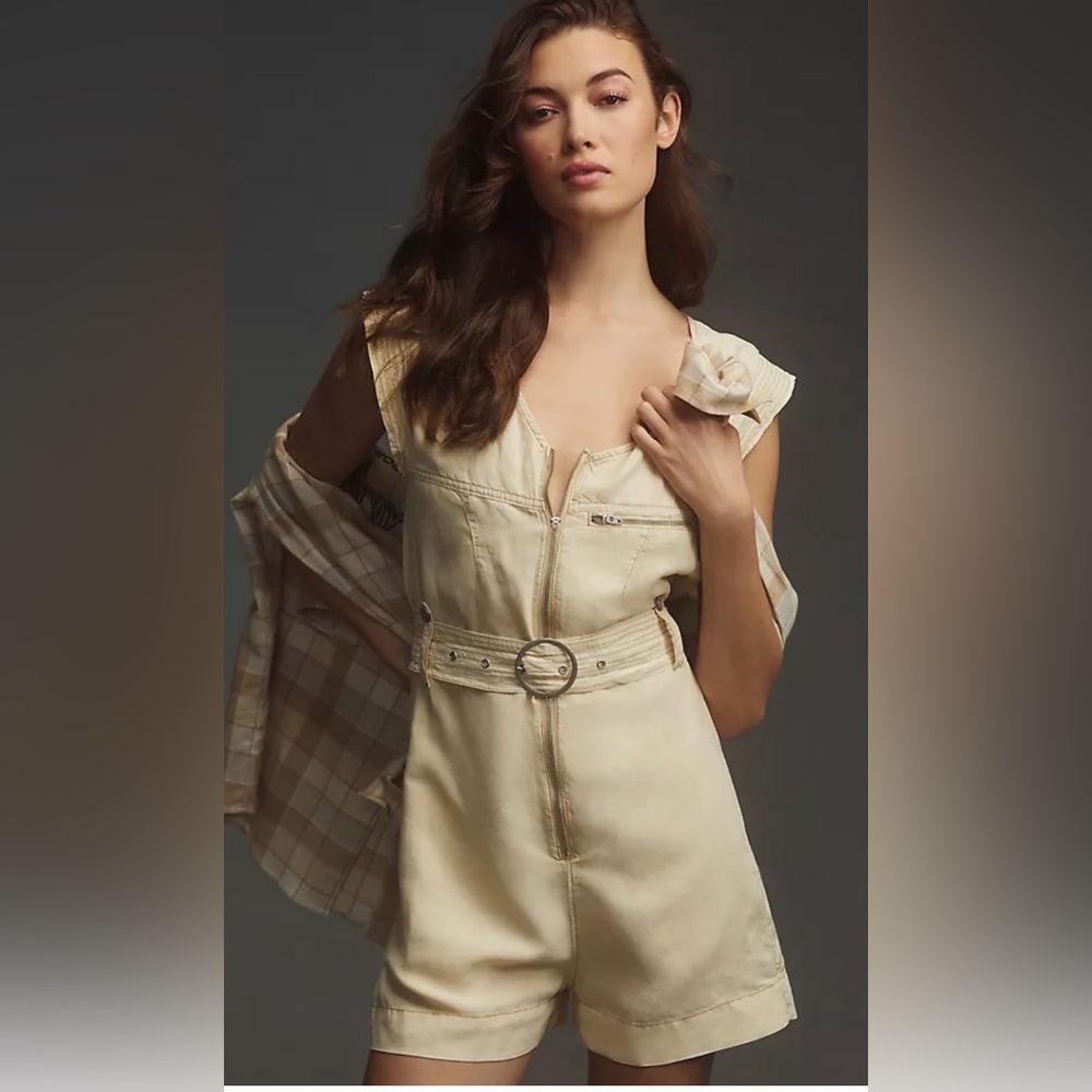 Pilcro Cream Belted V-Neck Romper shorts